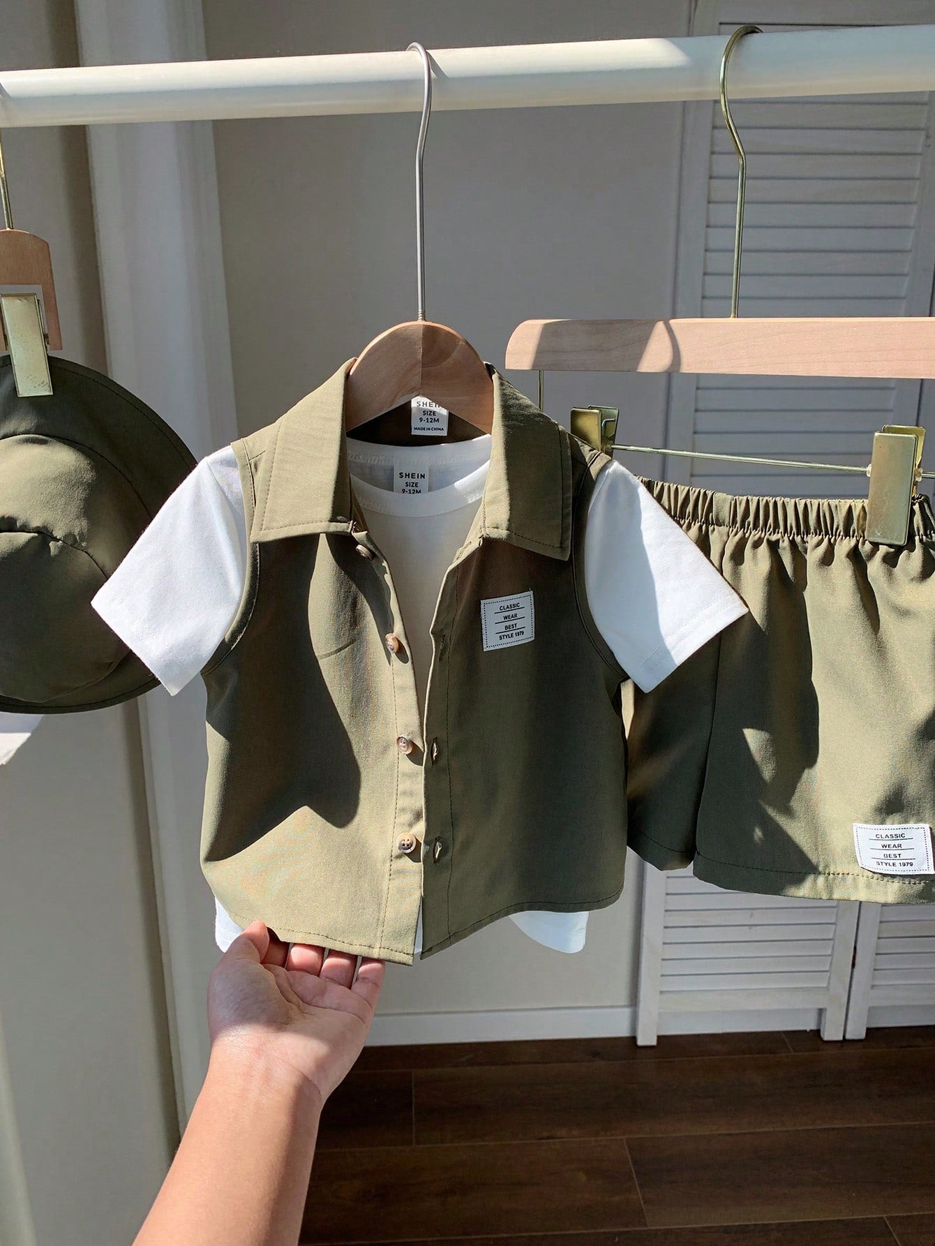 4pcs Baby Set: Soft Knitted Crew Neck Short Sleeve Top, Sleeveless Vest, Elastic Waist Shorts, Hat