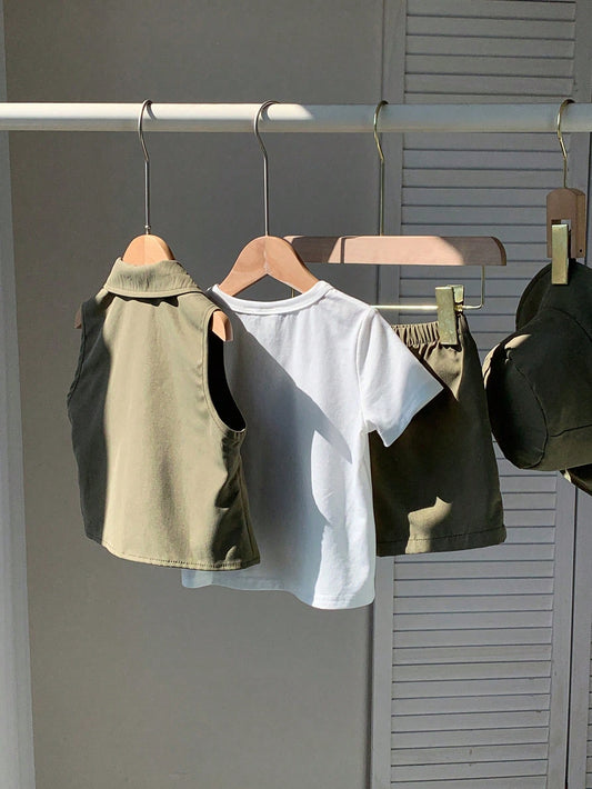 4pcs Baby Set: Soft Knitted Crew Neck Short Sleeve Top, Sleeveless Vest, Elastic Waist Shorts, Hat