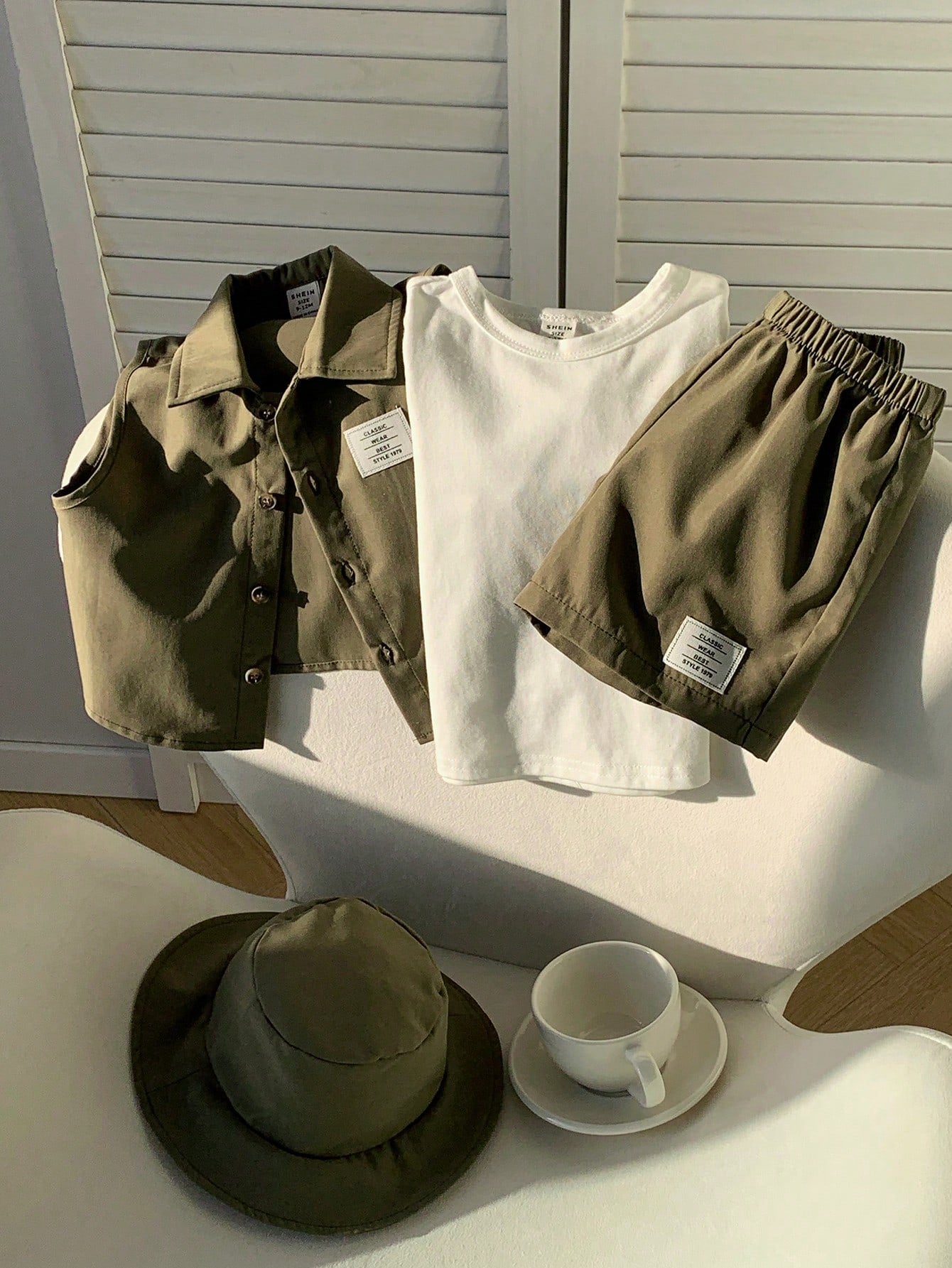4pcs Baby Set: Soft Knitted Crew Neck Short Sleeve Top, Sleeveless Vest, Elastic Waist Shorts, Hat