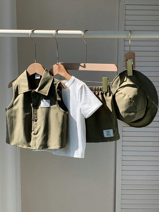 4pcs Baby Set: Soft Knitted Crew Neck Short Sleeve Top, Sleeveless Vest, Elastic Waist Shorts, Hat Army Green
