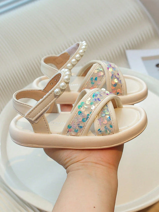 1 Pair Beige PU Sequin Pearl Strap Hook And Loop Design Flat Sandals Beige