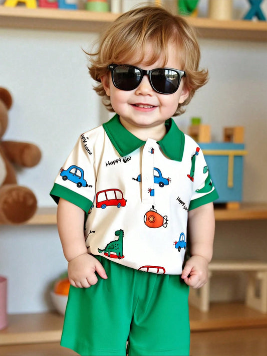 2pcs Set Casual Cute Graphic Drop Shoulder Loose Knit Polo Shirt Top And Knit Shorts