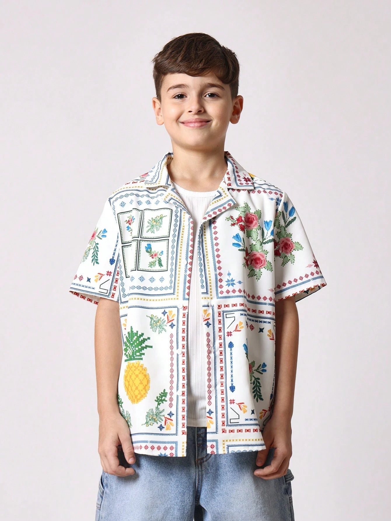Tween Boys Comfy Regular Fit All Over Printed Linen Short Sleeve Shirt Multicolor