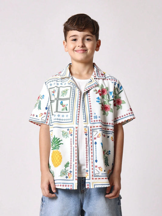 Tween Boys Comfy Regular Fit All Over Printed Linen Short Sleeve Shirt Multicolor