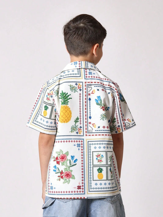 Tween Boys Comfy Regular Fit All Over Printed Linen Short Sleeve Shirt