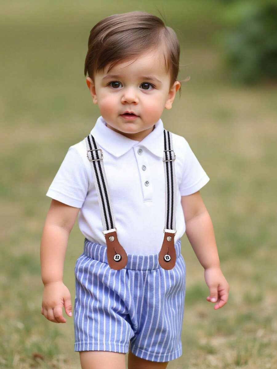 Baby Boys Gentleman Short Sleeve Romper Paired Striped Suspender Shorts