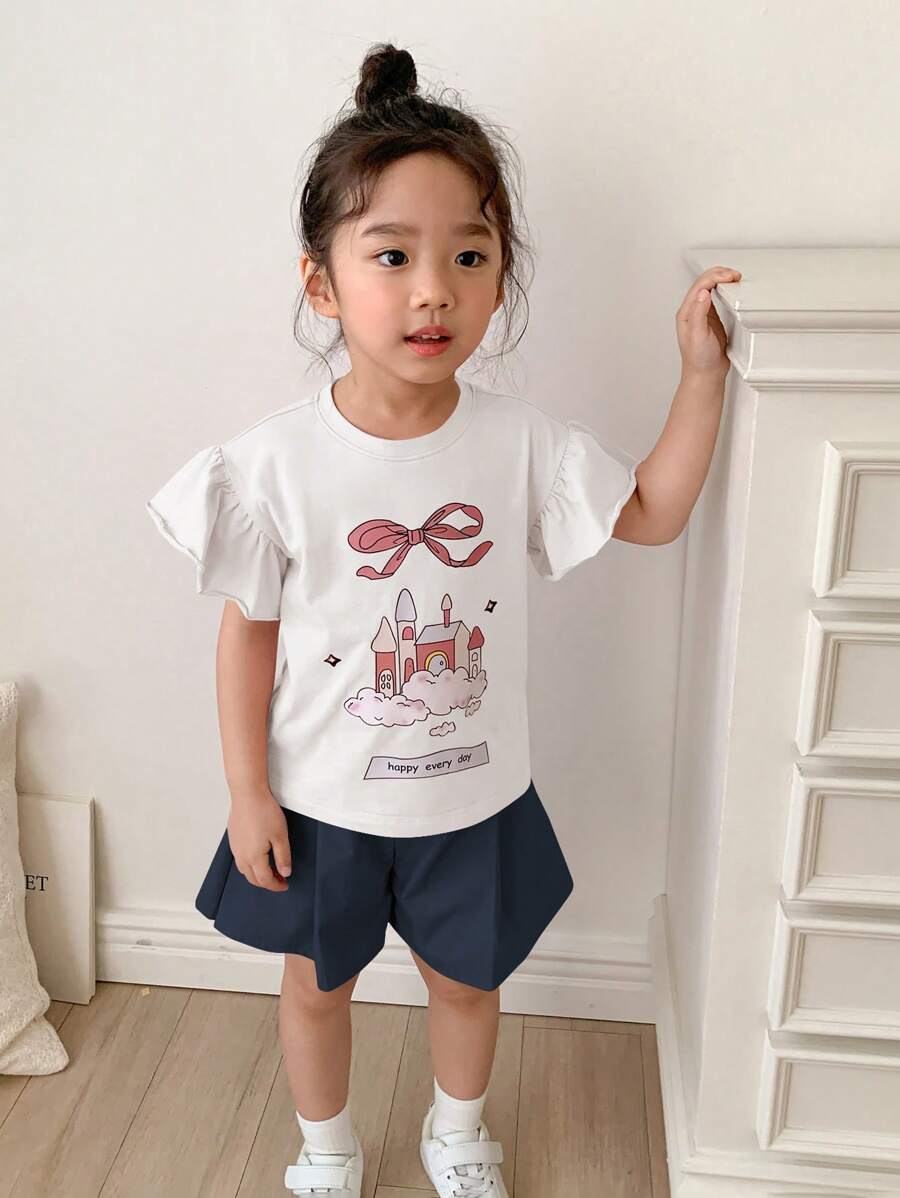 Young Girl Casual Butterfly & Castle Print Ruffle Sleeve Top And Shorts White