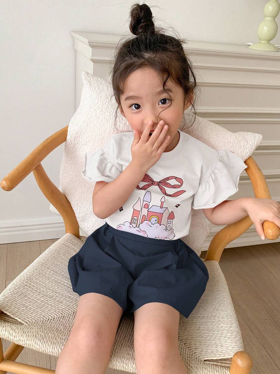 Young Girl Casual Butterfly & Castle Print Ruffle Sleeve Top And Shorts
