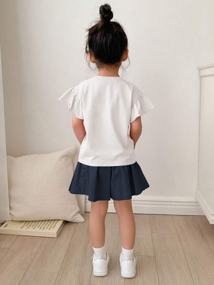 Young Girl Casual Butterfly & Castle Print Ruffle Sleeve Top And Shorts