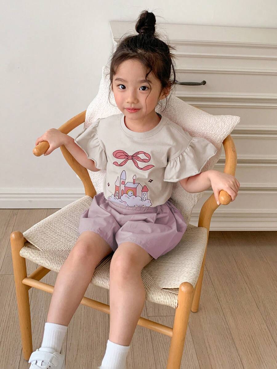 Young Girl Casual Butterfly & Castle Print Ruffle Sleeve Top And Shorts