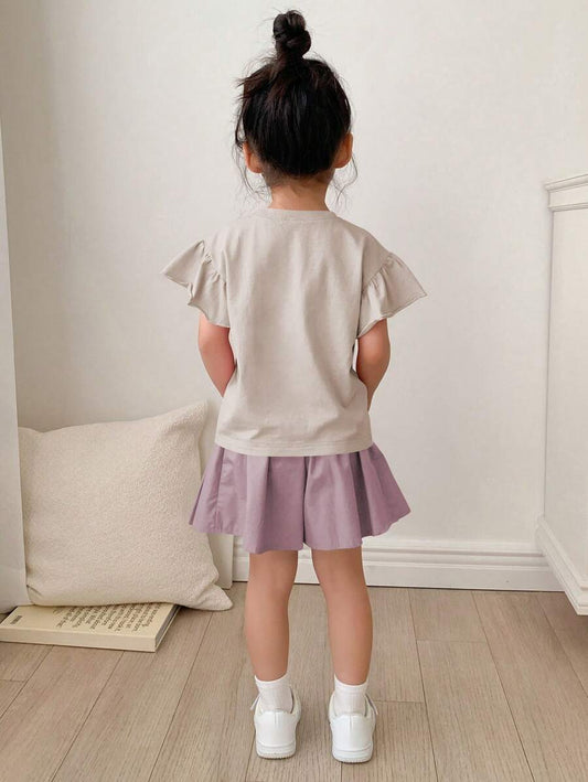 Young Girl Casual Butterfly & Castle Print Ruffle Sleeve Top And Shorts