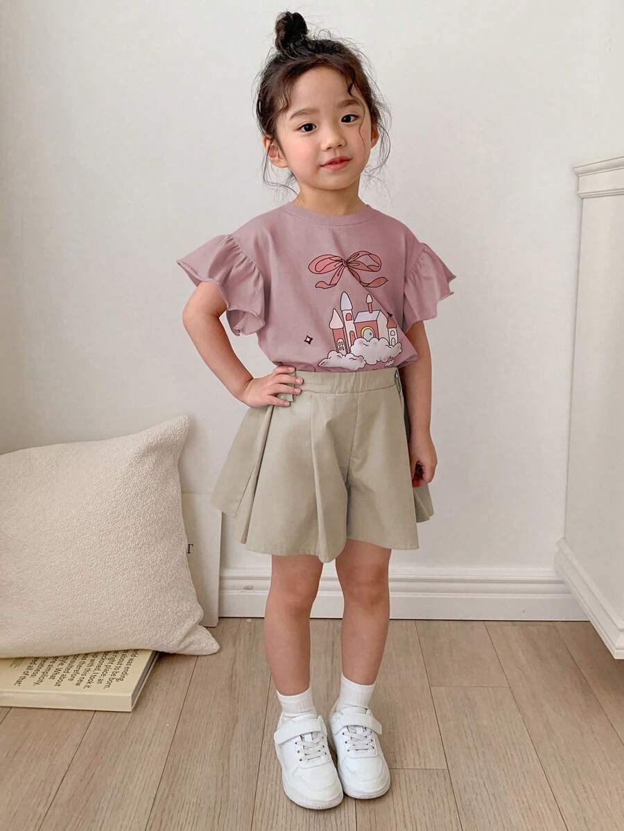 Young Girl Casual Butterfly & Castle Print Ruffle Sleeve Top And Shorts Purple