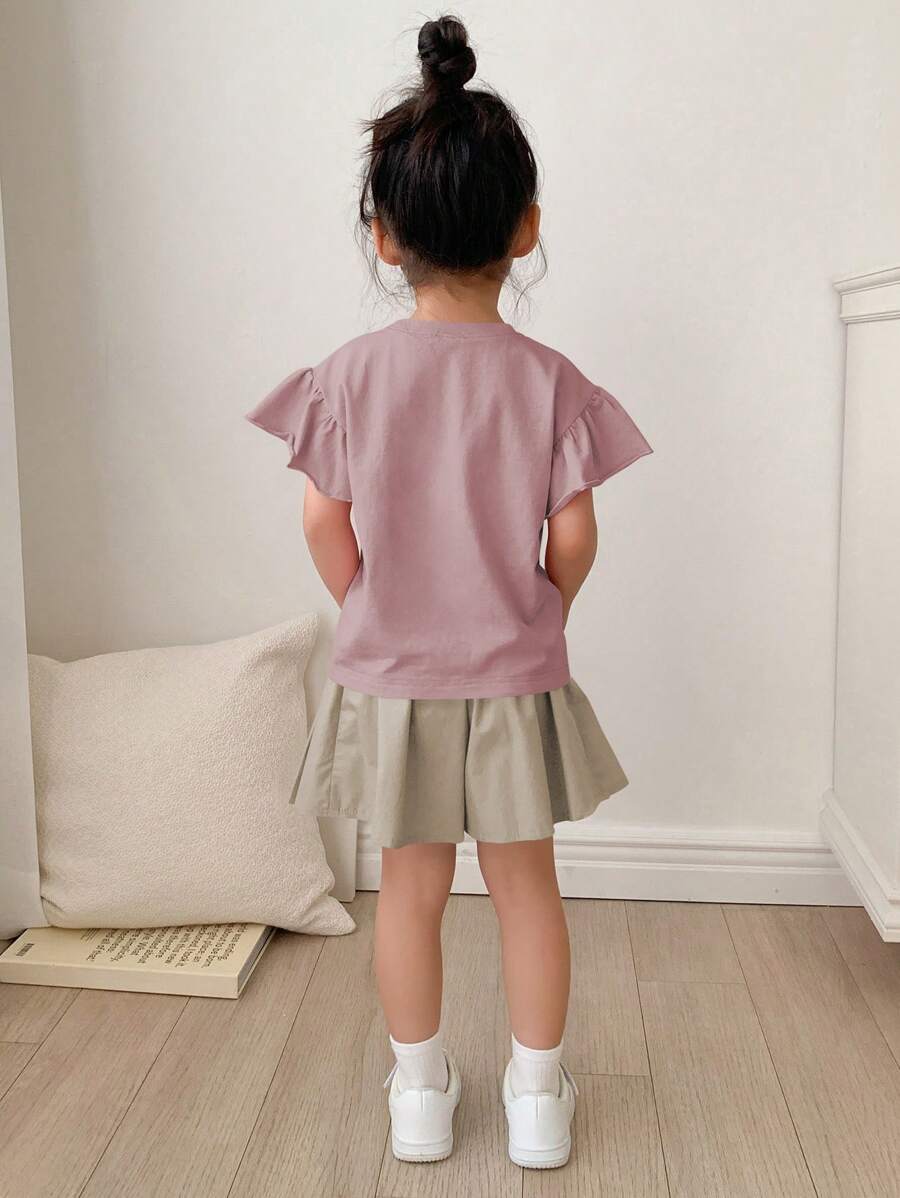 Young Girl Casual Butterfly & Castle Print Ruffle Sleeve Top And Shorts