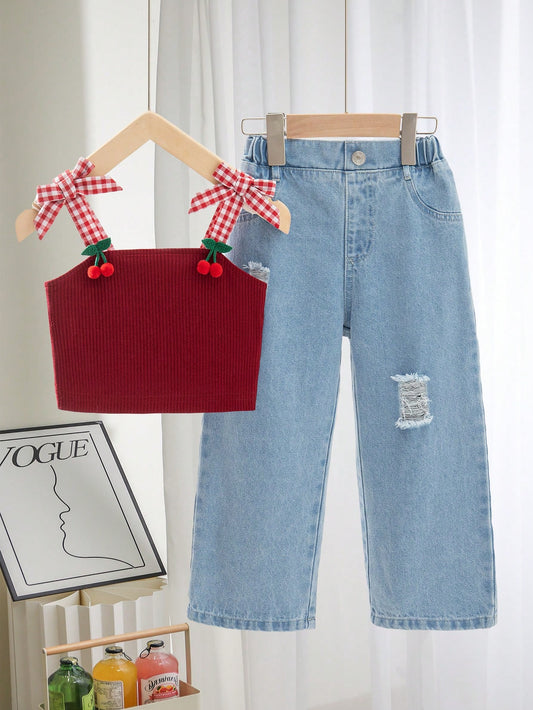 Knit Jacquard Gingham Bow Decor Spaghetti Strap Tank Top And Wide Leg Distressed Denim Jeans Multicolor
