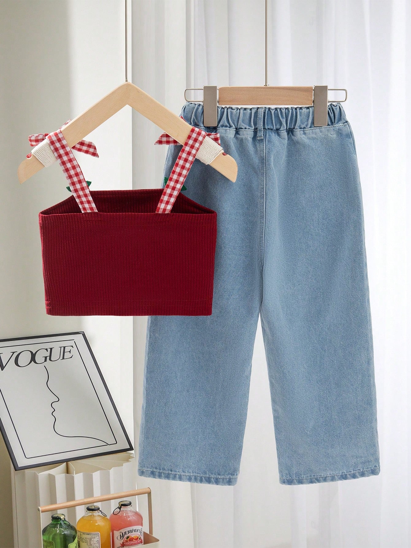 Knit Jacquard Gingham Bow Decor Spaghetti Strap Tank Top And Wide Leg Distressed Denim Jeans