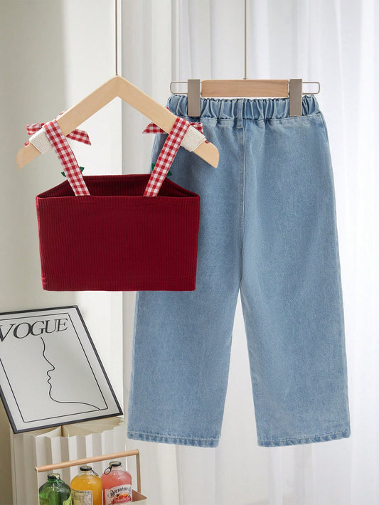 Knit Jacquard Gingham Bow Decor Spaghetti Strap Tank Top And Wide Leg Distressed Denim Jeans