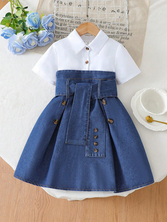 Chiffon Shirt Collar Short Sleeve Patchwork A-Line Waist Slim Formal Dress With Belt