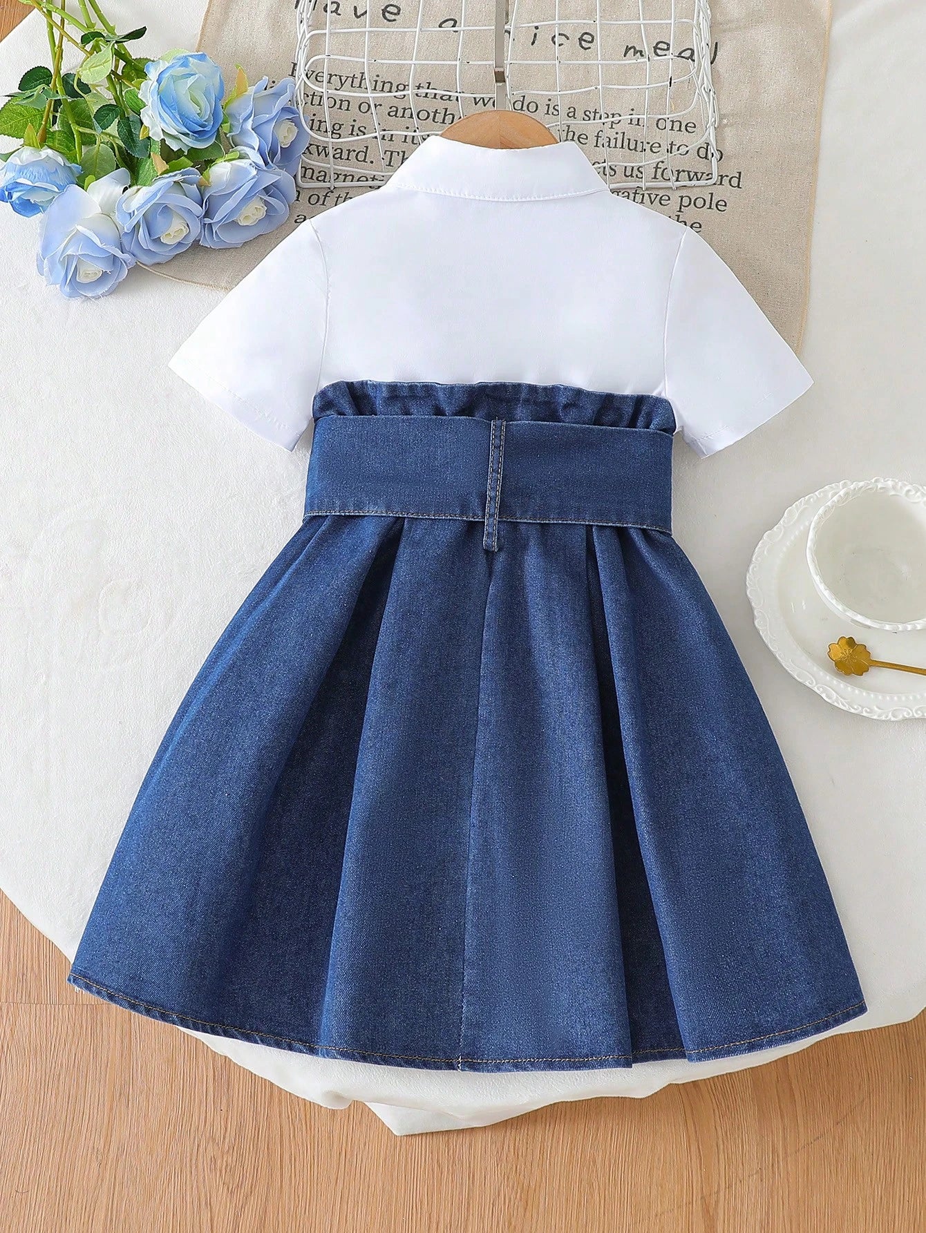 Chiffon Shirt Collar Short Sleeve Patchwork A-Line Waist Slim Formal Dress With Belt