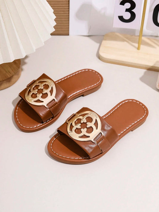 Non-Slip Flat Casual Fashion Versatile Strap Slides Brown