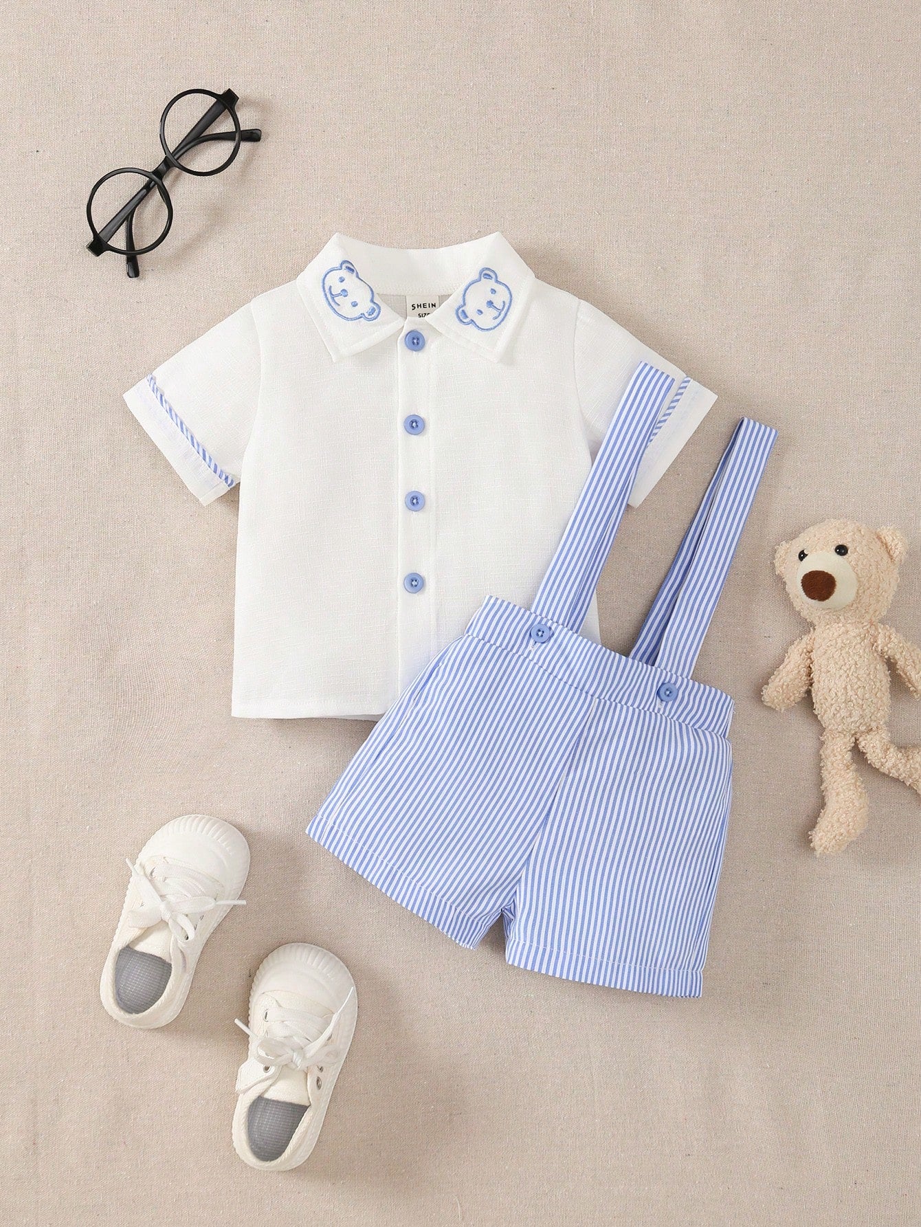 Baby Boys' Bear Printed Decor Short Sleeve T-Shirt And Striped Overalls Set Blue