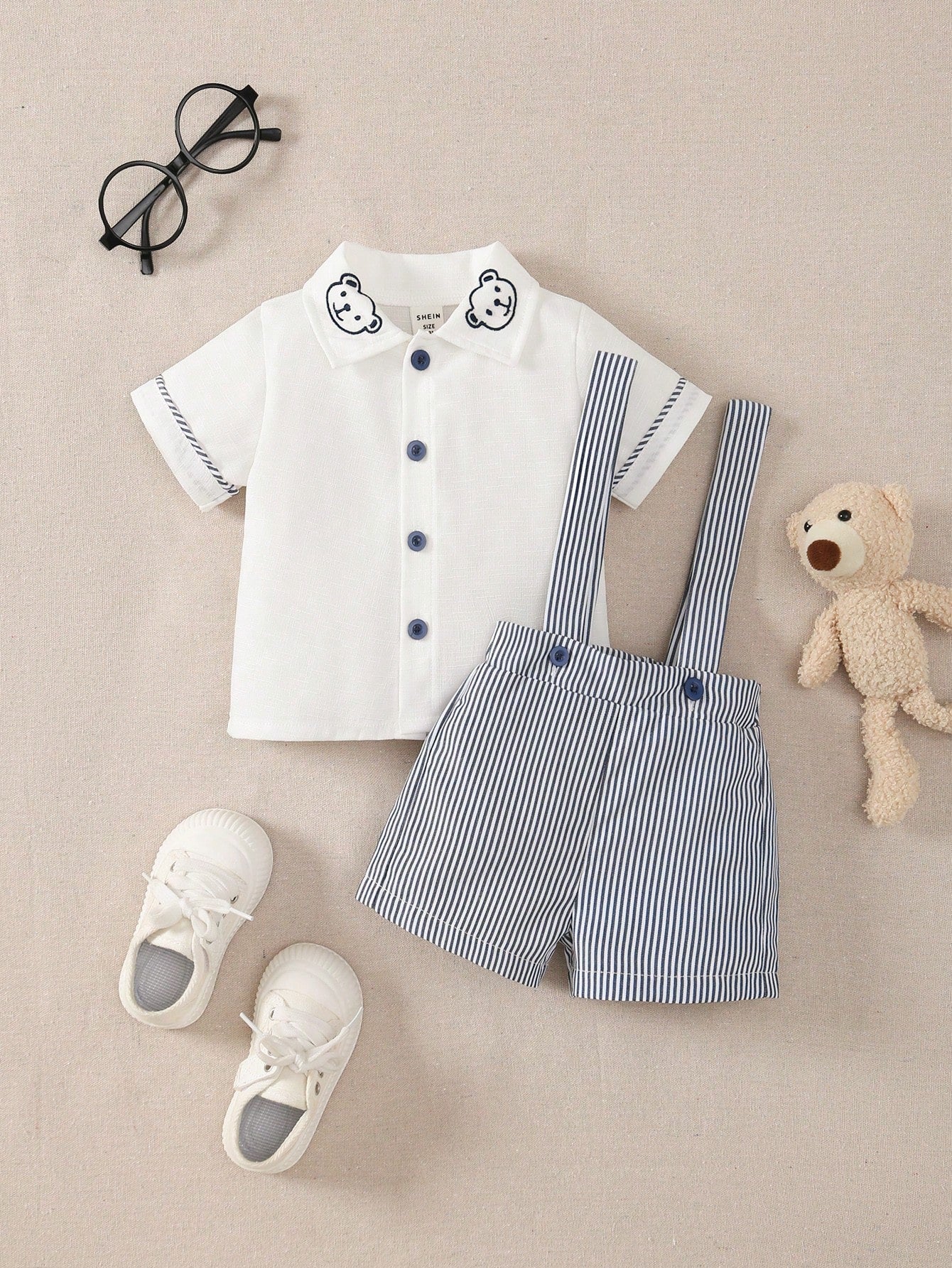 Baby Boys' Bear Printed Decor Short Sleeve T-Shirt And Striped Overalls Set Black & White