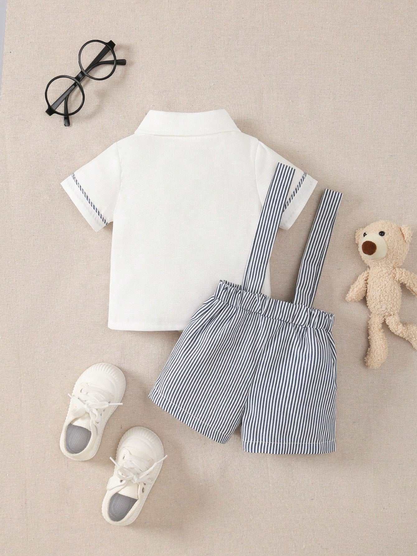 Baby Boys' Bear Printed Decor Short Sleeve T-Shirt And Striped Overalls Set