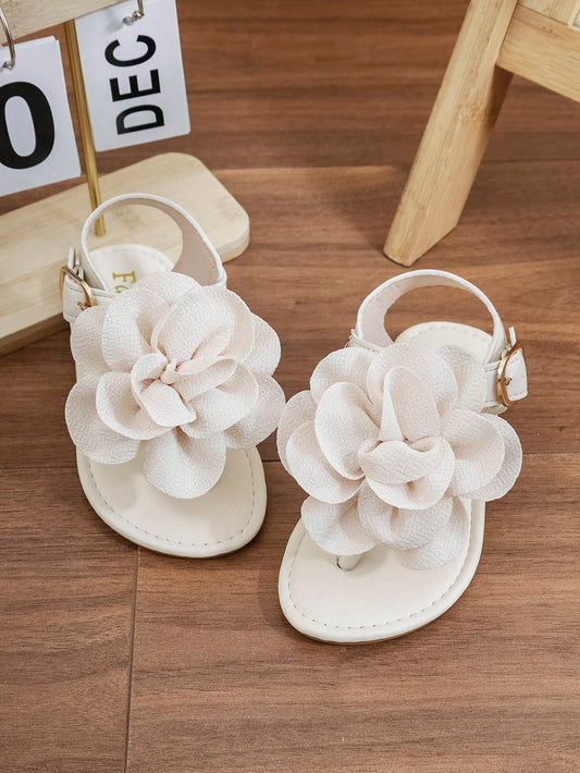 New Fashion Versatile Round Toe Thong Sandals With Large Flower Beige