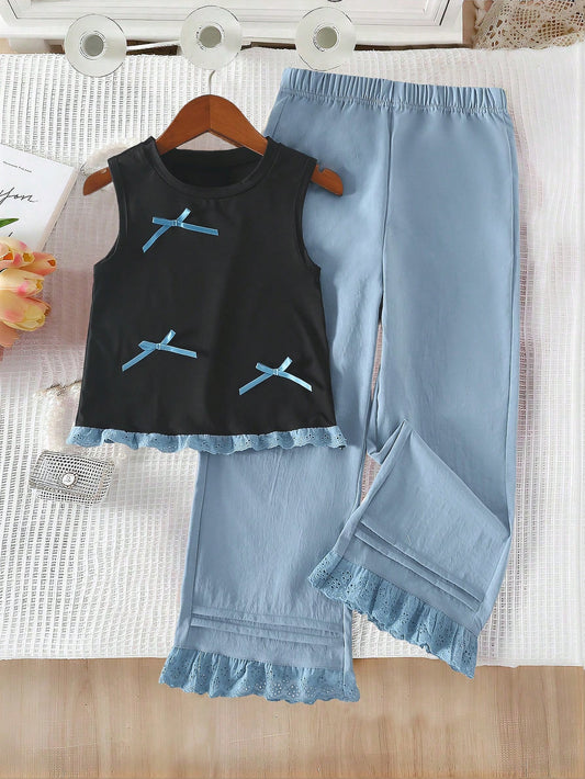 Sweet Lady Round Neck Sleeveless 3D Bow Embroidery Ruffle Vest And Elastic Waist Wide Leg Color Block Ruffle Hem Shorts Dusty Blue