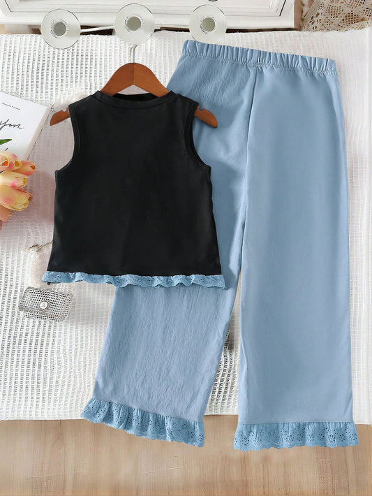 Sweet Lady Round Neck Sleeveless 3D Bow Embroidery Ruffle Vest And Elastic Waist Wide Leg Color Block Ruffle Hem Shorts