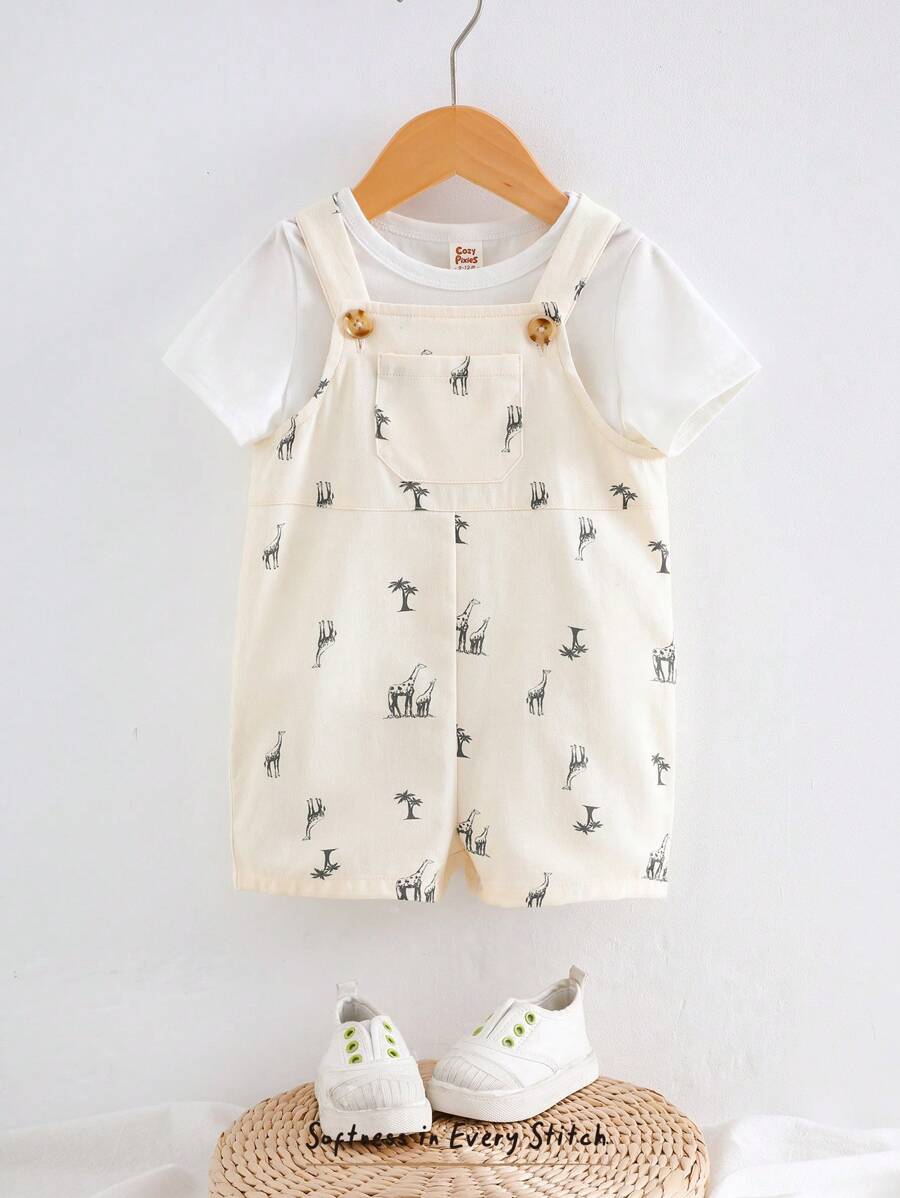 Cozy Pixies Baby Boy Cartoon Giraffe Print Casual Versatile Bib Overalls & Shorts Set Multicolor