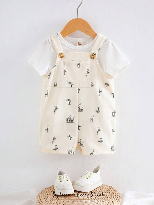 Cozy Pixies Baby Boy Cartoon Giraffe Print Casual Versatile Bib Overalls & Shorts Set Multicolor