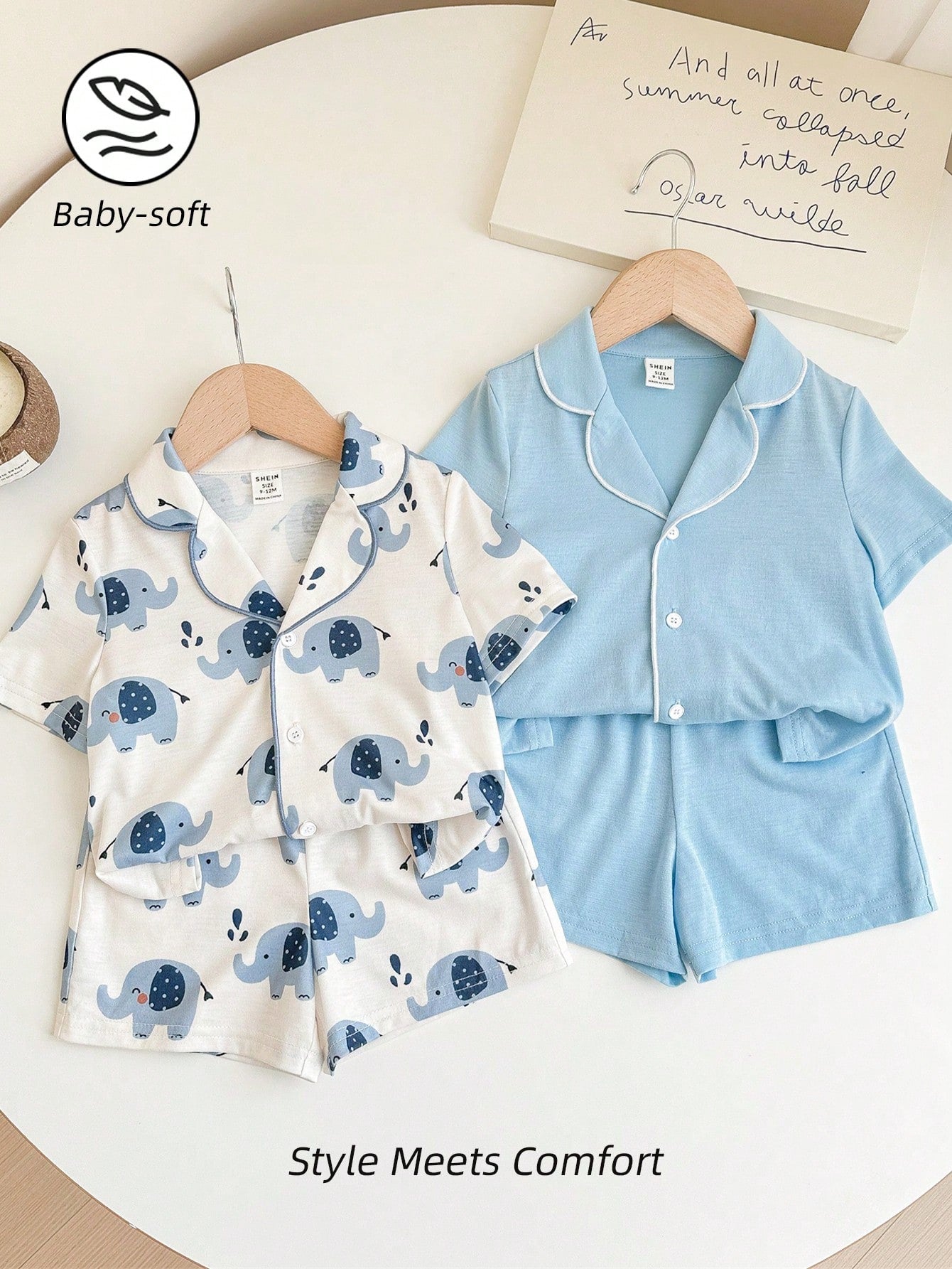4pcs Baby Boy Cute Elephant Print Minimalist Solid Color Polo Collar Pajamas Set