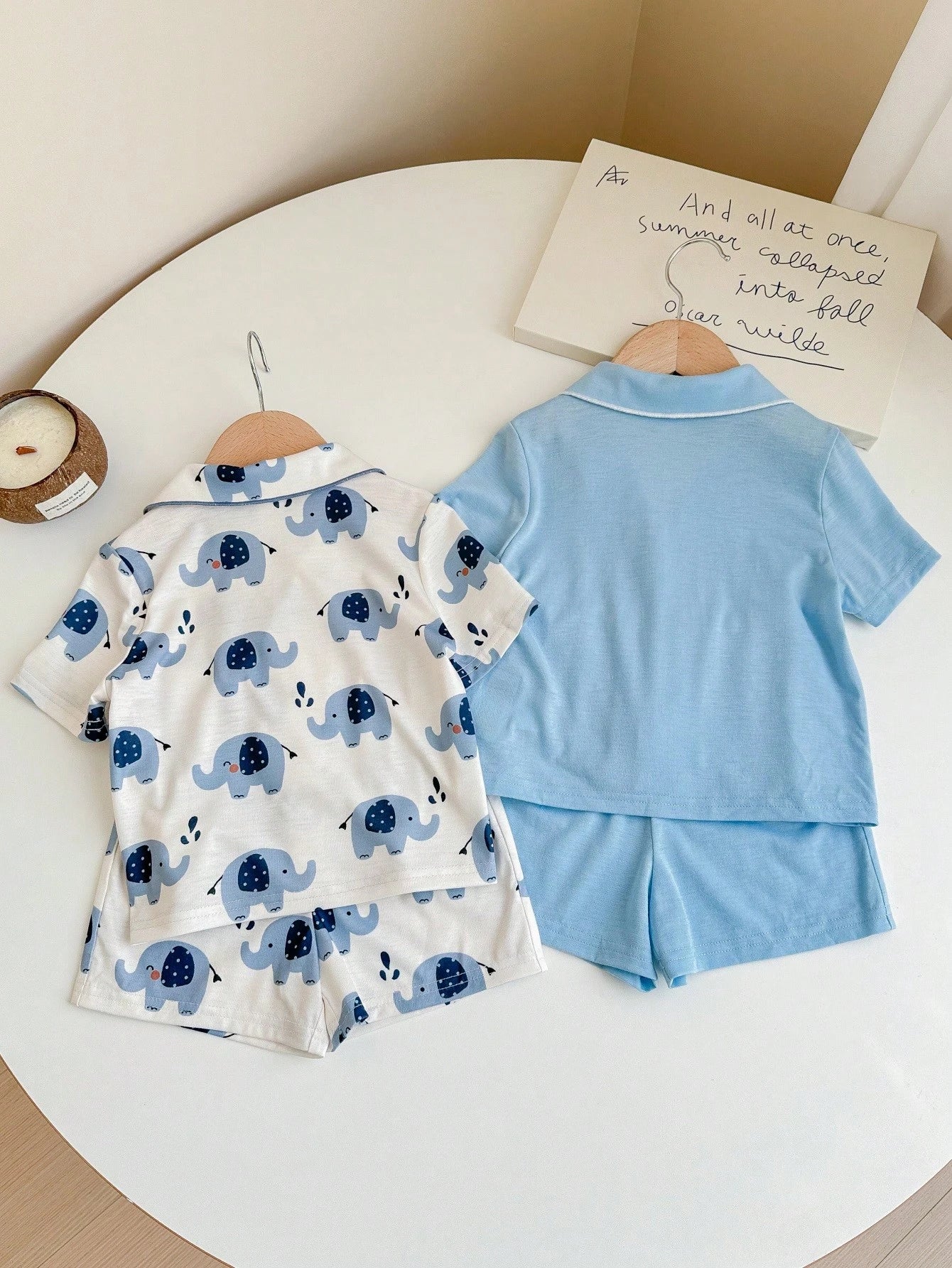 4pcs Baby Boy Cute Elephant Print Minimalist Solid Color Polo Collar Pajamas Set