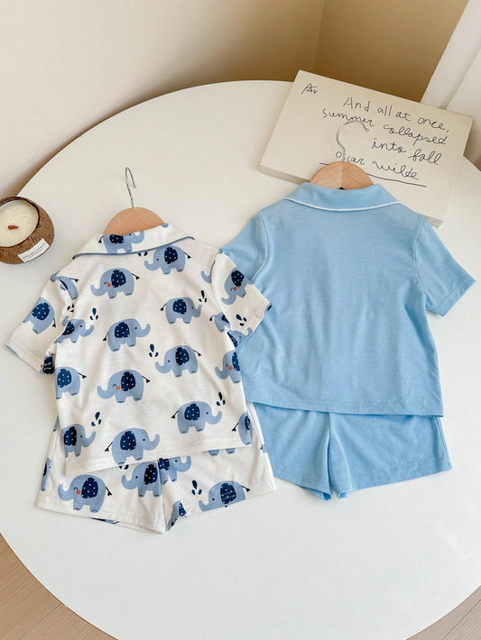 4pcs Baby Boy Cute Elephant Print Minimalist Solid Color Polo Collar Pajamas Set