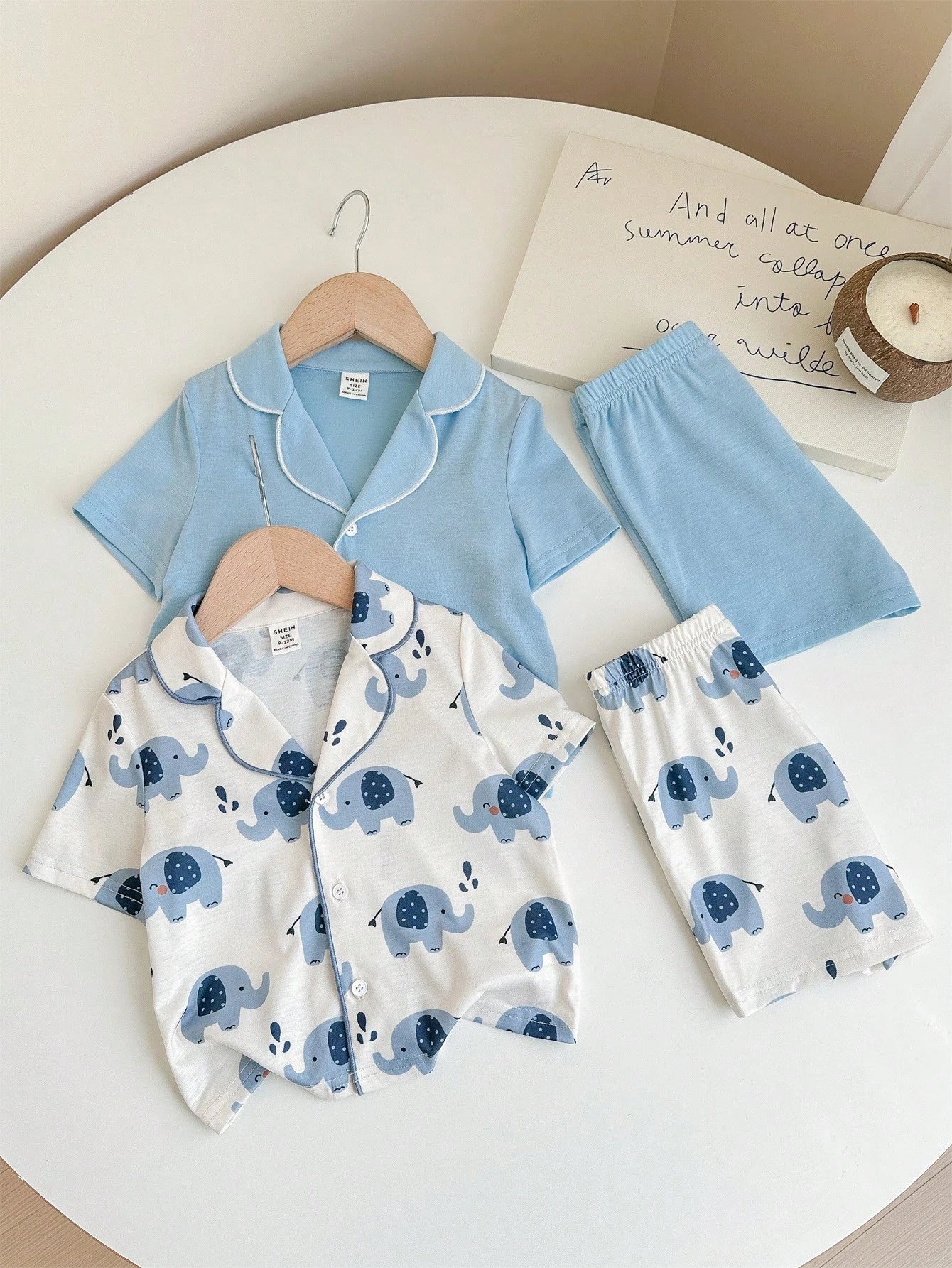 4pcs Baby Boy Cute Elephant Print Minimalist Solid Color Polo Collar Pajamas Set Multicolor