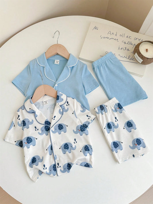 4pcs Baby Boy Cute Elephant Print Minimalist Solid Color Polo Collar Pajamas Set Multicolor