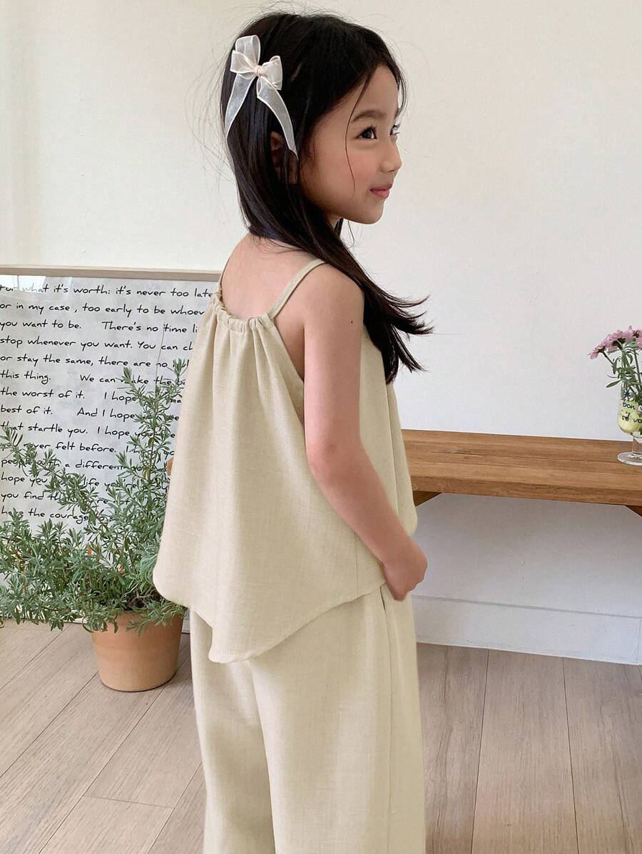 Young Girl Solid Color Pleated Loose Halter Tank Top And Pants