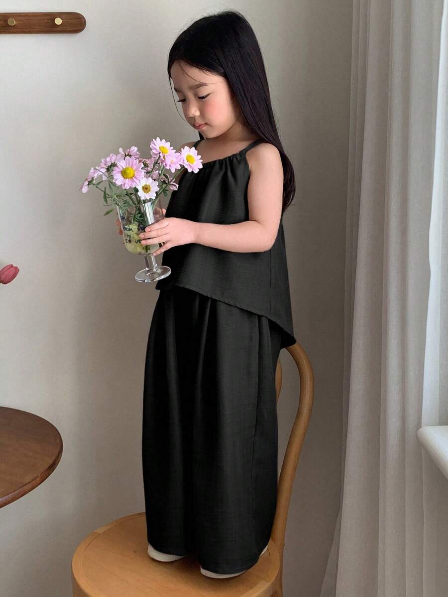 Young Girl Solid Color Pleated Loose Halter Tank Top And Pants