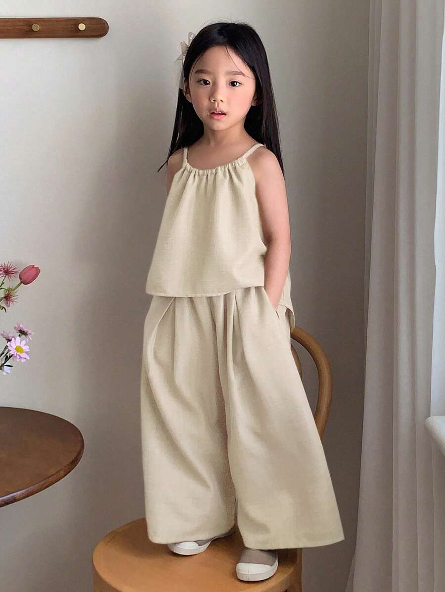 Young Girl Solid Color Pleated Loose Halter Tank Top And Pants Apricot