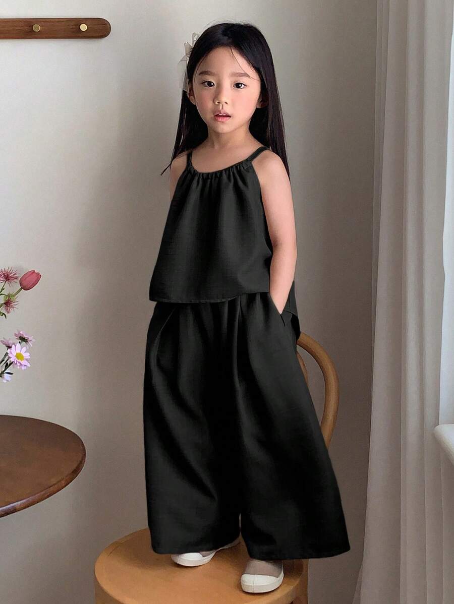 Young Girl Solid Color Pleated Loose Halter Tank Top And Pants Black