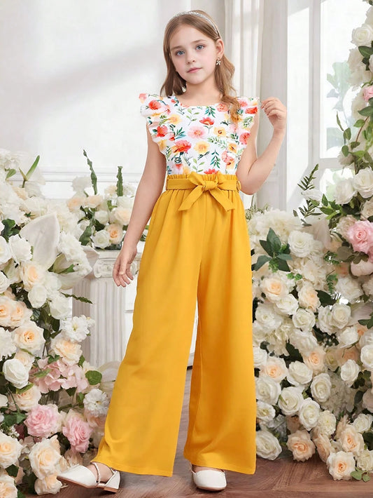 2pcs/Set Elegant Floral Print Ruffle Sleeveless Top And Solid Color Pants With Belt Yellow