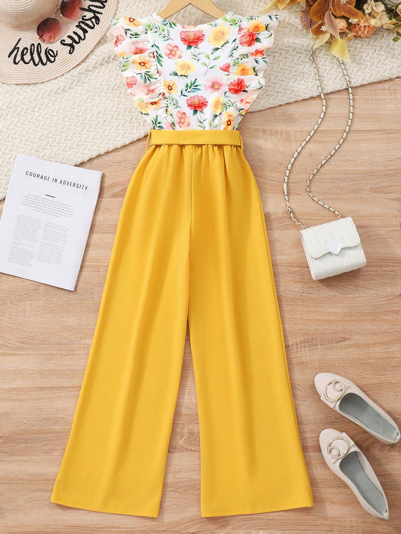 2pcs/Set Elegant Floral Print Ruffle Sleeveless Top And Solid Color Pants With Belt