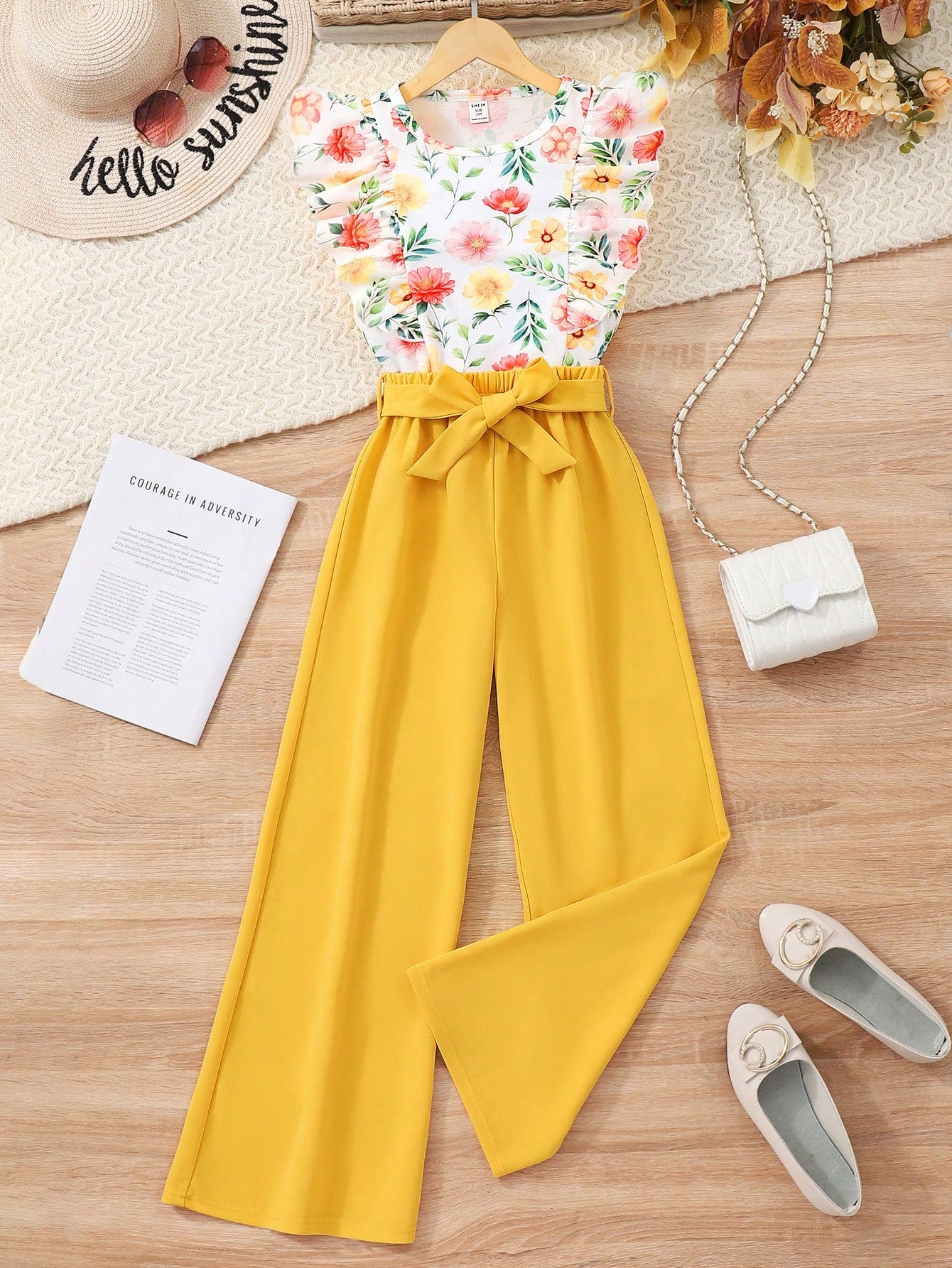 2pcs/Set Elegant Floral Print Ruffle Sleeveless Top And Solid Color Pants With Belt