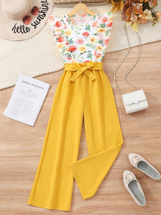 2pcs/Set Elegant Floral Print Ruffle Sleeveless Top And Solid Color Pants With Belt