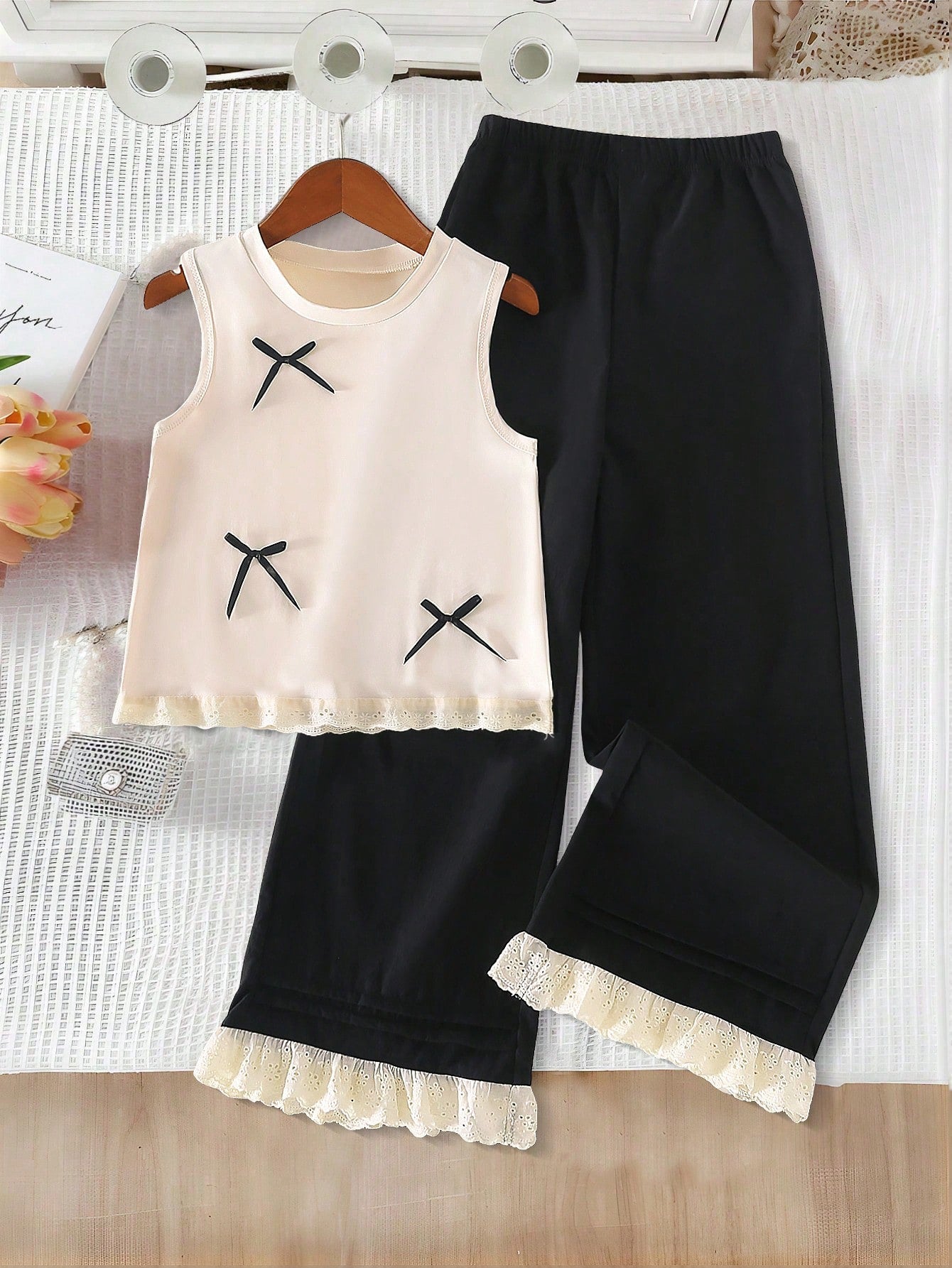 Sweet Lady Round Neck Sleeveless 3D Bow Embroidery Ruffle Vest And Elastic Waist Wide Leg Color Block Ruffle Hem Shorts Beige