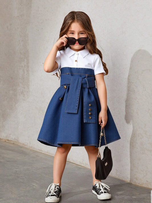 Chiffon Shirt Collar Short Sleeve Patchwork A-Line Waist Slim Formal Dress With Belt Blue