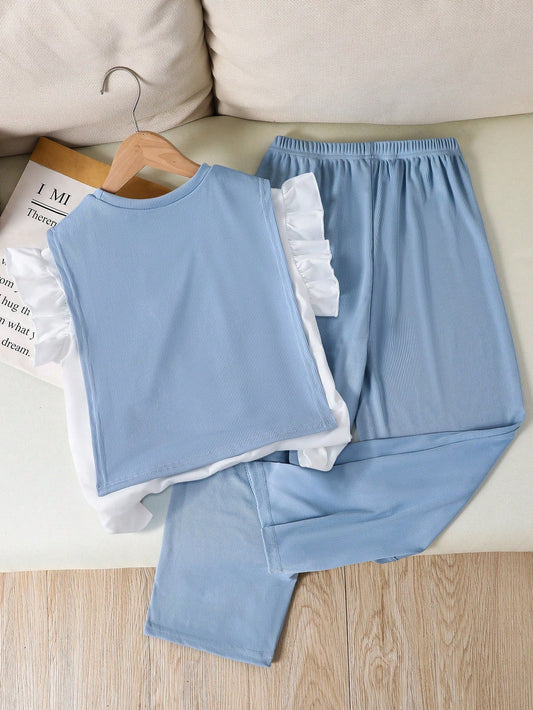 3pcs Girls Bow Knit Vest Set With White Cap Sleeve Tee And Loose Fit Pants