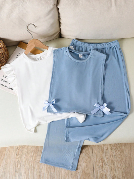 3pcs Girls Bow Knit Vest Set With White Cap Sleeve Tee And Loose Fit Pants Baby Blue