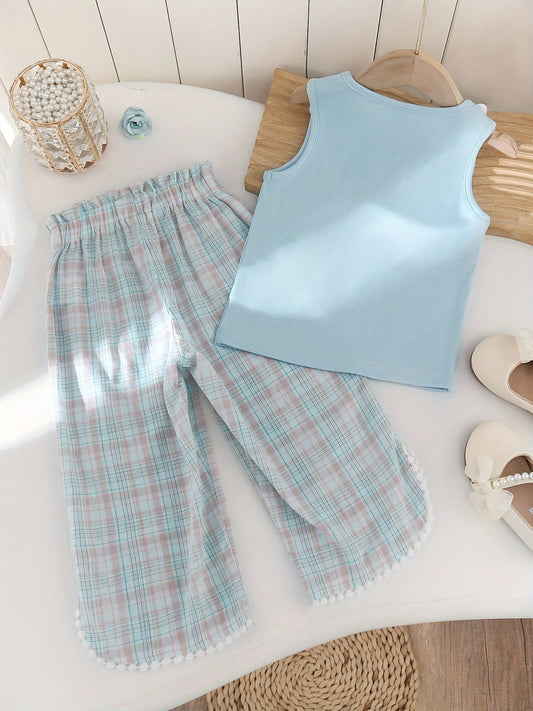 Mummy & Mee, 2pcs Girls 3D Floral Decor Camisole Top And Plaid Embroidered 3/4 Pants Set, Summer