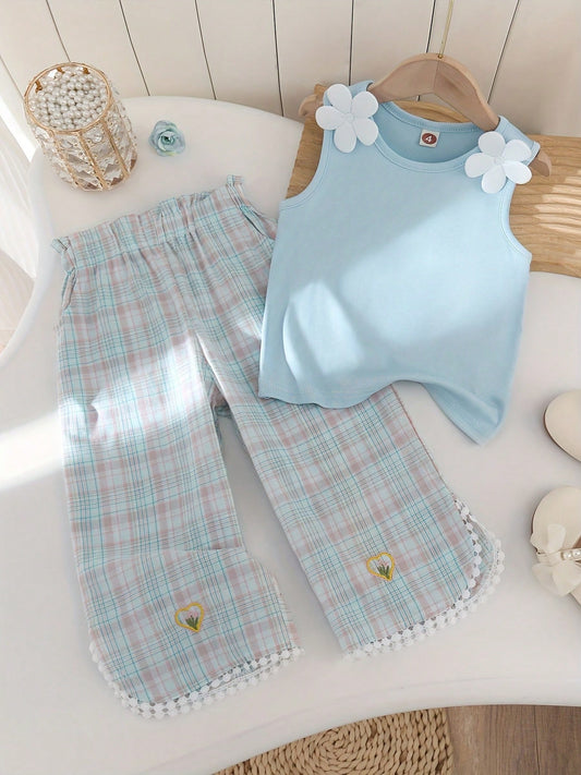 Mummy & Mee, 2pcs Girls 3D Floral Decor Camisole Top And Plaid Embroidered 3/4 Pants Set, Summer